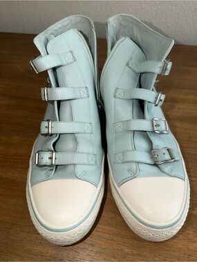 Ash Light Blue Women's High-Top Buckle Sneakers with White Toe